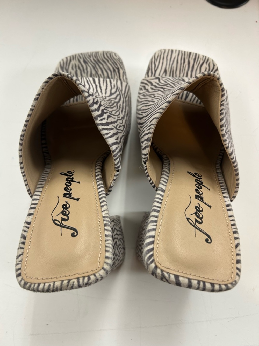 Free People Zebra-Print Open Toe Block Heel Mules in White and Black - Picture 2 of 11